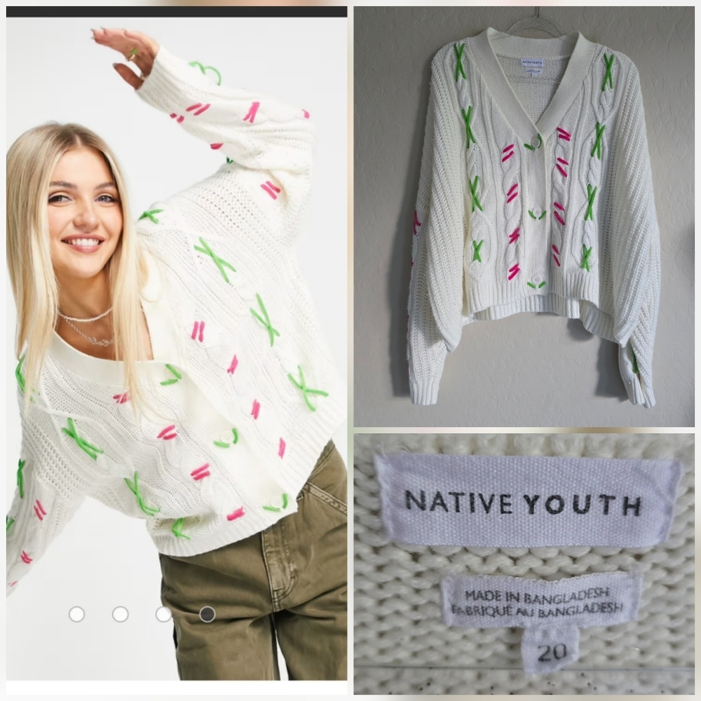 Native Youth Oversized Cardigan Contrast neon stitching‎ Size 20